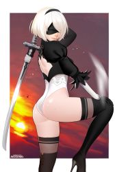 Rule 34 | 1girl, 2b (nier:automata), absurdres, ass, back cutout, black blindfold, black footwear, black hairband, black thighhighs, blindfold, boots, clothing cutout, covered eyes, feather-trimmed sleeves, feather trim, hairband, heattech leotard, high heel boots, high heels, highres, holding, holding sword, holding weapon, juliet sleeves, leotard, long sleeves, mole, mole under mouth, nier:automata, nier (series), puffy sleeves, rezodwel, sword, thigh boots, thighhighs, thighhighs under boots, thong leotard, turtleneck, weapon, white hair, white leotard