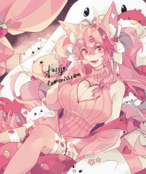 Rule 34 | 1girl, ahoge, animal ears, breasts, commission, eyelashes, fangs, fluff, fluffy, food, food-themed hair ornament, fox ears, fox girl, fruit, fuzijo, hair ornament, highres, indie virtual youtuber, kireina (osiimi), large breasts, no hands, open mouth, pink eyes, pink hair, pink legwear, resolution mismatch, solo, source smaller, strawberry, strawberry hair ornament, twintails, virtual youtuber