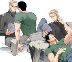Rule 34 | 2boys, albert wesker, bara, black hair, black shirt, blonde hair, blue pants, book, chris redfield, glasses, green shirt, grey pants, holding, holding book, large pectorals, looking at another, lying, lying on person, male focus, multiple boys, muscular, muscular male, on back, open book, open mouth, pants, pectorals, reading, resident evil, resident evil 1, shirt, short hair, simple background, smile, tatsumi (psmhbpiuczn), white background