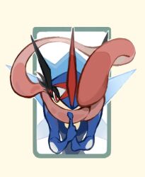 ash-greninja blue_skin bright_pupils colored_skin creatures_(company) frog game_freak gen_6_pokemon greninja half-closed_eyes looking_at_viewer ninja nintendo pokemon pokemon_(creature) red_eyes solo tongue white_pupils yellow_skin