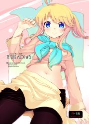 Rule 34 | 1girl, ahoge, bad id, bad pixiv id, belly, blonde hair, blue eyes, clothes lift, english text, esia mariveninne, french text, komone ushio, midriff, navel, off shoulder, open clothes, open skirt, original, panties, panties under pantyhose, pantyhose, ponytail, shirt lift, skirt, smile, solo, underwear