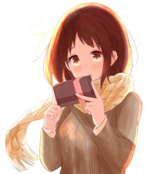 Rule 34 | 1girl, bad id, bad pixiv id, bang dream!, blush, box, brown coat, brown eyes, brown hair, coat, commentary request, gift, gift box, hazawa tsugumi, heart, highres, holding, holding gift, long sleeves, scarf, short hair, simple background, solo, tsugumochi, upper body, white background, yellow scarf