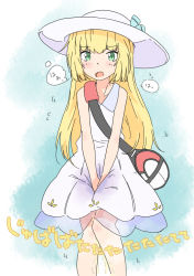 Rule 34 | 1girl, bag, bare shoulders, between legs, blonde hair, blue background, blush, breath, collarbone, creatures (company), dress, duffel bag, embarrassed, female focus, flat chest, flying sweatdrops, game freak, green eyes, hand between legs, hat, have to pee, hinahizu, japanese text, knees together feet apart, lillie (pokemon), long hair, nintendo, open mouth, own hands together, peeing, peeing self, poke ball theme, pokemon, pokemon sm, simple background, sleeveless, sleeveless dress, solo, speech bubble, standing, sun hat, tears, translated, v arms, wet, wet clothes, white dress, white hat