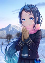 Rule 34 | 10s, 1girl, ahoge, blue eyes, blue hair, brown gloves, cloud, coat, day, enpera, gloves, gradient hair, hane yoshiyumi, highres, kantai collection, long hair, long sleeves, looking at viewer, matching hair/eyes, mountain, multicolored hair, outdoors, own hands together, pink scarf, samidare (kancolle), scarf, sky, smile, snow, solo, swept bangs, tree, very long hair, winter, winter clothes