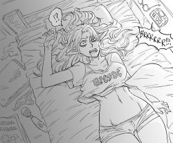 Rule 34 | !?, 1girl, ac/dc, alarm clock, asus, bad id, bb (baalbuddy), bed, brand name imitation, clock, clothes lift, commentary, computer, digital clock, elf, english commentary, english text, greyscale, hair spread out, hand up, highres, hitachi magic wand, inactive account, laptop, long hair, lying, merchandise, messy room, monochrome, on back, on bed, original, pointy ears, sex toy, shirt lift, spoken interrobang, vibrator, waking up, wide-eyed