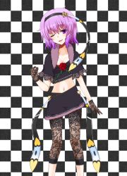 Rule 34 | 1girl, alternate costume, bad id, bad pixiv id, blush, breasts, checkered background, cleavage, female focus, flower, gloves, goth fashion, hairband, heart, komeiji satori, leggings, lilac (artist), lilac (p-f easy), midriff, navel, one eye closed, patterned legwear, print gloves, print leggings, purple eyes, purple hair, red flower, red rose, rose, shawl, short hair, small breasts, solo, standing, touhou, wink