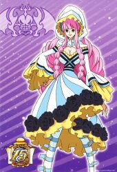 Rule 34 | 1girl, absurdres, alternate costume, anniversary, boots, breasts, dress, drill hair, full body, hand on own hip, hat, highres, jolly roger, large breasts, logo, long hair, looking at viewer, official alternate costume, official art, one piece, perona, pink hair, scan, smile, solo, striped clothes, striped dress, thigh boots, umbrella, very long hair