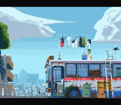 Rule 34 | 1girl, animated, animated gif, apo (rairaru20001), black hair, blue sky, bus, chair, cityscape, clothesline, cloud, day, green shorts, ladder, letterboxed, motor vehicle, original, outdoors, pixel art, shirt, short sleeves, shorts, sky, solo, standing, tree, white shirt