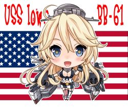 Rule 34 | 10s, 1girl, american flag, blonde hair, blue eyes, blush, breasts, cannon, character name, chibi, cleavage, elbow gloves, fingerless gloves, front-tie top, garter straps, gloves, hair between eyes, iowa (kancolle), kantai collection, large breasts, long hair, looking at viewer, machinery, miniskirt, neko danshaku, open mouth, skirt, smile, solo, standing, star-shaped pupils, star (symbol), striped, symbol-shaped pupils, thighhighs, vertical stripes