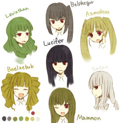 Rule 34 | 6+girls, asmodeus (umineko), bad id, bad pixiv id, beelzebub (umineko), belphegor (umineko), black hair, blonde hair, drill hair, green hair, leviathan (umineko), lucifer (umineko), mammon (umineko), multiple girls, murazou (mugenloop), red eyes, satan (umineko), silver hair, sketch, stakes of purgatory, umineko no naku koro ni