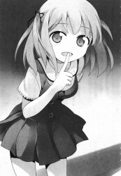 Rule 34 | 1girl, dress, finger to mouth, greyscale, hataraku maou-sama!, highres, looking at viewer, monochrome, open mouth, sasaki chiho, short twintails, twintails
