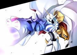 Rule 34 | blue eyes, blurry, cape, commentary request, depth of field, digimon, digimon (creature), digimon adventure, digimon adventure: bokura no war game, hawe king, omegamon, simple background, turret, white background, wind