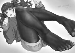 Rule 34 | 1girl, absurdres, black pantyhose, blunt bangs, character request, copyright request, ear piercing, eyelashes, feet, foot focus, foreshortening, full body, gradient background, greyscale, hands up, highres, knees together feet apart, legs, long sleeves, looking at viewer, mbr90munouk, monochrome, nail polish, no shoes, pantyhose, pantyhose under shorts, piercing, see-through, see-through legwear, short shorts, shorts, sidelocks, signature, solo, thighs, toenail polish, toenails, toes, tongue, tongue out, tongue piercing, twintails, twitter username