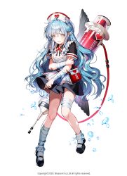 Rule 34 | 1girl, 2020, aqua eyes, bandaged arm, bandaged leg, bandages, bandaid, bandaid on arm, belt pouch, blood, blue hair, character request, company name, copyright notice, dress, frilled dress, frills, full body, hand on own arm, hat, heart, highres, holding own arm, large syringe, lentain, long hair, mary janes, neck ribbon, nurse, nurse cap, official art, open mouth, oversized object, pouch, ribbon, shoes, short sleeves, sidelocks, simple background, solo, syringe, water drop, white background, wild girls