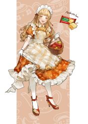 Rule 34 | 1girl, :d, ankle ribbon, apple, apple pie, apron, back bow, basket, blonde hair, blunt bangs, border, bow, bright pupils, collared dress, daisy, dress, flower, food, footwear flower, frilled dress, frills, fruit, full body, gloves, gold trim, high heels, highres, holding, holding basket, ice cream, ice cream bar, leg ribbon, looking at viewer, maid apron, maid headdress, open mouth, orange background, orange dress, orange footwear, original, otani (gloria), outside border, pantyhose, patterned background, patterned clothing, personification, pie, pillarboxed, plaid, plaid apron, puffy short sleeves, puffy sleeves, ribbon, ringlets, short sleeves, skirt hold, smile, solo, standing, teeth, upper teeth only, white border, white flower, white gloves, white pantyhose, white pupils, yellow apron, yellow eyes