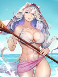 Rule 34 | absurdres, animal ears, beach, bikini, breasts, cat ears, cat girl, druid kanna, guardian tales, highres, kitsunoko, large breasts, ocean, striped, swimsuit, tagme, thick thighs, thighs, tiger ears, tiger girl