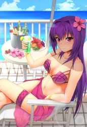 Rule 34 | 1girl, bad id, bad pixiv id, beach chair, bikini, blush, bottle, bracelet, breasts, cleavage, collarbone, crab, cup, drinking glass, fate/grand order, fate (series), flower, food, fruit, grapes, hair flower, hair ornament, holding, holding cup, holding drinking glass, ice bucket, jewelry, kinata 1, large breasts, lemon, lemon slice, long hair, looking at viewer, navel, ocean, orange (fruit), orange slice, purple bikini, purple hair, purple sarong, railing, red eyes, sarong, scathach (fate), scathach (fate/grand order), scathach (swimsuit assassin) (fate), sitting, smile, solo, swimsuit, table, thigh strap