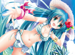 Rule 34 | 1girl, aqua hair, bikini, bracelet, cloud, day, dutch angle, flower, green eyes, hair flower, hair ornament, hat, hatsune miku, headset, hibiscus, jewelry, long hair, navel, open mouth, outstretched arm, sky, solo, striped bikini, striped clothes, sun hat, suzui narumi, swimsuit, twintails, very long hair, vocaloid, water, wet