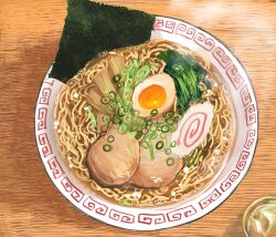 Rule 34 | bowl, egg (food), food, food focus, highres, hunter rank e, kamaboko, meat, narutomaki, no humans, noodles, nori (seaweed), original, pork, ramen, softboiled egg, table, wooden table
