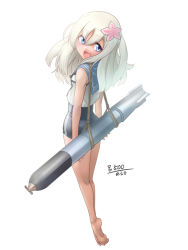 Rule 34 | 10s, 1girl, araki (qbthgry), barefoot, fang, flower, from behind, hair flower, hair ornament, kantai collection, long hair, looking back, one-piece swimsuit, ro-500 (kancolle), school swimsuit, school uniform, serafuku, smile, solo, swimsuit, tan, tanline, torpedo, white hair