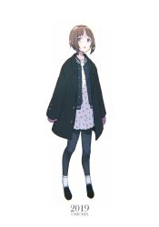 Rule 34 | 1girl, 2019, :o, artist name, black coat, black footwear, black jacket, black pantyhose, blush, brown eyes, brown hair, casual, coat, commentary request, dress, full body, girls und panzer, heart, heart print, jacket, light blush, looking at viewer, mittens, new year, nishizumi miho, open clothes, open coat, open jacket, open mouth, pantyhose, print dress, purple mittens, shoes, short dress, short hair, simple background, solo, standing, umiu (hoge), white background, white dress