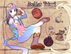 Rule 34 | 1girl, atelier (series), atelier totori, bad id, bad pixiv id, bare shoulders, barrel, bomb, boots, copyright name, detached sleeves, dress, explosive, female focus, grey eyes, headdress, holding, jar, knee boots, long hair, looking at viewer, megahomu, muhogame, purple hair, skirt, solo, star (symbol), test tube, totooria helmold