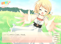 Rule 34 | 1girl, bad id, bad pixiv id, blonde hair, closed eyes, dress, fake screenshot, hair ornament, hairclip, kagamine rin, open mouth, outstretched arms, outstretched hand, purinpurin, reaching, short hair, solo, translated, twintails, visual novel, vocaloid