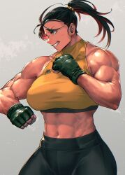 1girl abs black_hair breasts clenched_hands fingerless_gloves gloves hair_ornament hair_scrunchie highres large_breasts looking_to_the_side midriff mikel_(4hands) muscular muscular_female original ponytail scrunchie simple_background smile solo tank_top teeth thick_thighs thighs veins veiny_arms