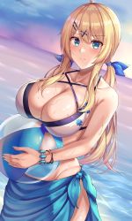 Rule 34 | 1girl, amagi korona, ball, bare shoulders, beachball, bikini, blonde hair, blue eyes, blush, bracelet, breasts, cleavage, closed mouth, hair ornament, hairclip, highres, jewelry, large breasts, long hair, looking at viewer, low tied hair, low twintails, original, sarong, sky, swimsuit, twintails, water, x hair ornament