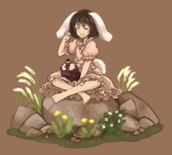 Rule 34 | 1girl, animal ears, bad id, bad pixiv id, barefoot, black hair, bottle, carrot, carrot necklace, cup, dandelion, dress, closed eyes, female focus, flower, inaba tewi, indian style, jewelry, necklace, open mouth, pendant, pink dress, puffy sleeves, rabbit ears, rabbit girl, rabbit tail, rock, sakazuki, sake bottle, short hair, short sleeves, sitting, sitting on rock, smile, solo, tail, touhou, tsukiori