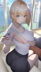Rule 34 | 1girl, absurdres, ass, bare shoulders, blush, breasts, commentary request, from behind, gentsuki, hair intakes, highres, large breasts, looking at viewer, looking back, original, parted lips, shirt tucked in, short hair, sitting, skirt, sleeveless, solo