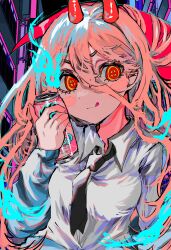 Rule 34 | 1girl, absurdres, black necktie, can, chainsaw man, collared shirt, cross-shaped pupils, drink can, highres, horns, long hair, looking at viewer, messy hair, momae makku, necktie, pink hair, power (chainsaw man), red horns, scythe, shirt, soda, soda can, solo, symbol-shaped pupils, upper body, white shirt, yellow eyes