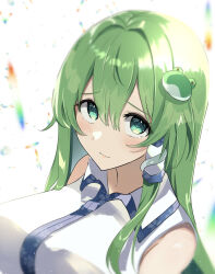 Rule 34 | 1girl, absurdres, bare shoulders, blurry edges, blush, breasts, close-up, closed mouth, collared shirt, commentary, double-parted bangs, eyelashes, frog hair ornament, green eyes, green hair, hair between eyes, hair intakes, hair ornament, highres, kochiya sanae, large breasts, light particles, long hair, looking at viewer, mino (minori), shirt, shy, sidelocks, simple background, sleeveless, sleeveless shirt, snake hair ornament, solo, straight hair, tareme, touhou, upturned eyes, white background, white shirt