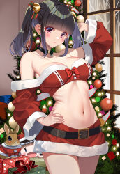 Rule 34 | 1girl, absurdres, akihiro0920, bell, belt, black hair, breasts, christmas present, christmas tree, closed mouth, commentary request, cosplay, dress, gift, hair bell, hair ornament, hand on own hip, highres, indoors, looking at viewer, medium breasts, navel, original, rabbit, santa dress, short twintails, sidelocks, smile, solo, standing, stomach, twintails, window