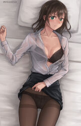 Rule 34 | 1girl, bed, black pantyhose, black thighhighs, blue eyes, bra, bra visible through clothes, breasts, cleavage, collared shirt, commission, hand up, highres, lying, medium breasts, office lady, on back, original, panties, pantyhose, pencil skirt, pixiv commission, see-through, setu kurokawa, shirt, skirt, solo, thighhighs, underwear, wet, wet clothes, wet shirt