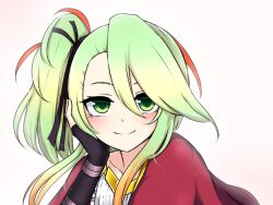 Rule 34 | 1girl, capelet, deathpolca, demons roots, green eyes, green hair, hair ribbon, hand on own cheek, hand on own face, looking at viewer, princess cross, ribbon, side ponytail, simple background, smile, solo, white background