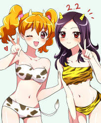 Rule 34 | 2girls, ;d, animal print, bare shoulders, blush, bra, breasts, brown hair, closed mouth, cow print, cow tail, cowboy shot, fresh precure!, hand on another&#039;s arm, heart, higashi setsuna, horns, kagami chihiro, long hair, looking at viewer, medium breasts, midriff, momozono love, multiple girls, navel, one eye closed, open mouth, pink eyes, precure, purple hair, red eyes, smile, standing, tail, tiger print, twintails, underwear, v, wink