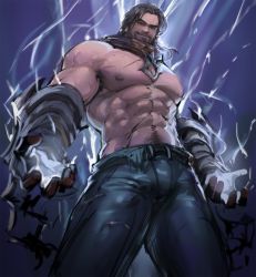 Rule 34 | 1boy, abs, beard, black eyes, black hair, black pants, collar, cowboy shot, dopey (dopq), energy, facial hair, from below, glowing, highres, league of legends, looking at viewer, male focus, metal collar, pants, pectorals, smile, solo, sylas (league of legends), topless male, torn clothes, torn pants