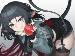 Rule 34 | 1girl, animal ear piercing, animal ears, apple, aqua eyes, artist name, ass, bent over, black hair, black pantyhose, black shorts, food, fruit, fur-trimmed jacket, fur trim, green jacket, grey background, highres, holding, holding food, holding fruit, jacket, jane doe (zenless zone zero), long hair, looking at viewer, mouse ears, mouse girl, mouse tail, multicolored hair, pantyhose, red hair, short shorts, shorts, solo, tail, thighs, two-tone hair, xiaobai, zenless zone zero