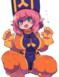 Rule 34 | 1girl, absurdres, blue eyes, blue hat, bodysuit, boots, breasts, dragon quest, dragon quest x, elf (dq10), gloves, hat, highres, large breasts, looking at viewer, orange bodysuit, pink hair, pointy ears, short hair, simple background, solo, squatting, tabard, white background, yellow footwear, yellow gloves, zankuro