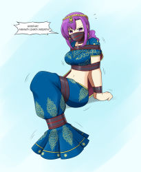 Rule 34 | 1girl, absurdres, breasts, cloth gag, crop top, earrings, fate/grand order, fate (series), gag, gagged, highres, improvised gag, indian clothes, jewelry, large breasts, long hair, matou sakura, midriff, navel, over the nose gag, parvati (fate), purple eyes, purple hair, solo