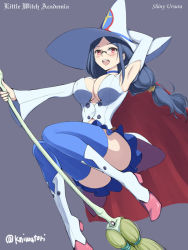 Rule 34 | 1girl, :d, armpits, black hair, blush, boots, breasts, broom, broom riding, character name, cleavage, copyright name, cosplay, english text, engrish text, glasses, hand on headwear, hat, large breasts, little witch academia, niwatori kokezou, open mouth, ranguage, red eyes, shiny chariot, shiny chariot (cosplay), signature, smile, solo, thighhighs, twitter username, ursula callistis, witch, witch hat