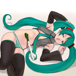 Rule 34 | 1girl, breasts, covered erect nipples, hatsune miku, kouno (masao), long hair, lying, medium breasts, panties, solo, striped clothes, striped panties, thighhighs, underwear, very long hair, vocaloid