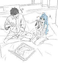 Rule 34 | 1boy, 1girl, ahoge, black hair, blue hair, blush, couple, food, highres, kise itsuki, monochrome, on bed, open mouth, original, pajamas, pizza, sitting, sketch, spot color, yellow eyes