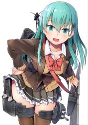 Rule 34 | 10s, :d, aqua eyes, aqua hair, ascot, blazer, blush, brown thighhighs, byte (allbyte), cannon, flight deck, green eyes, green hair, hair ornament, hairclip, harness, highres, jacket, kantai collection, long hair, looking at viewer, machinery, open mouth, pleated skirt, school uniform, skirt, smile, solo, suzuya (kancolle), thighhighs, turret