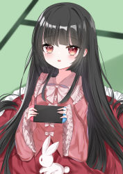 Rule 34 | 1girl, absurdres, black hair, blunt bangs, blurry, blurry background, bow, bowtie, collarbone, controller, dress, dress bow, game controller, highres, hime cut, holding, holding controller, holding game controller, houraisan kaguya, long hair, long sleeves, looking at viewer, multiple bows, nintendo switch, okome2028, open mouth, pink dress, rabbit, red eyes, red skirt, sitting, skirt, solo, touhou, very long hair, white bow, white bowtie, wide sleeves