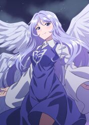 Rule 34 | 1girl, angel wings, blue dress, blush, closed mouth, collared shirt, dress, feathered wings, gyouza (mhea5724), highres, light purple hair, long hair, long sleeves, looking at viewer, multiple wings, purple eyes, sariel (touhou), shirt, smile, solo, touhou, touhou (pc-98), white shirt, white wings, wide sleeves, wings