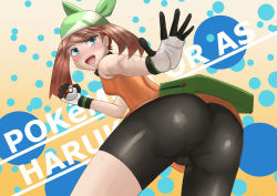 Rule 34 | 00s, 1girl, :d, ass, bandana, bare arms, bare shoulders, bent over, bike shorts, blue eyes, blush, breasts, brown hair, cameltoe, character name, collared shirt, creatures (company), fanny pack, female focus, from behind, game freak, gloves, gradient background, green bandanna, hand up, highres, holding, holding poke ball, looking at viewer, looking back, may (pokemon), may (pokemon emerald), multicolored clothes, multicolored gloves, murai niboshi, nintendo, open mouth, orange shirt, outstretched arm, outstretched hand, panties, panties under bike shorts, pantylines, poke ball, pokemon, pokemon (anime), pokemon emerald, pokemon rse, polka dot, polka dot background, round teeth, shirt, short hair, sideboob, sleeveless, sleeveless shirt, small breasts, smile, solo, sweat, teeth, underwear, upper teeth only