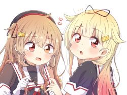 Rule 34 | 2girls, asymmetrical clothes, beret, black headwear, black ribbon, black serafuku, blonde hair, brown eyes, commentary request, gloves, gradient hair, hair flaps, hair ornament, hair ribbon, hairclip, hat, heterochromia, kantai collection, light brown hair, long hair, looking at viewer, multicolored hair, multiple girls, murasame (kancolle), murasame kai ni (kancolle), nail polish, red eyes, ren kun, ribbon, school uniform, serafuku, simple background, sparkle, two side up, upper body, white background, white gloves, yellow nails, yuudachi (kancolle), yuudachi kai ni (kancolle)