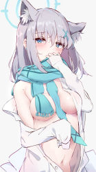 Rule 34 | 1girl, animal ear fluff, animal ears, blue archive, blue eyes, blush, breasts, cross hair ornament, extra ears, grey hair, hair ornament, halo, hebon123, highres, long sleeves, looking at viewer, medium breasts, medium hair, mismatched pupils, navel, scarf, shiroko (blue archive), solo, sweat, unbuttoned, unbuttoned shirt, white background, wolf ears
